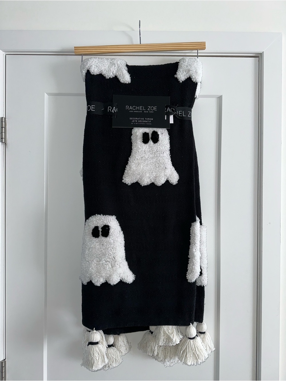 NWT Rachel Zoe Halloween Ghost Knit Throw Blanket Black White Tassels Spooky